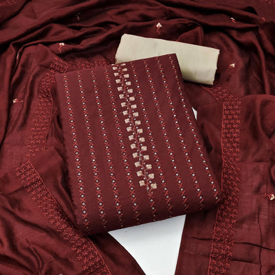 Maroon Sequins Embroidered Cotton Silk Dress Material