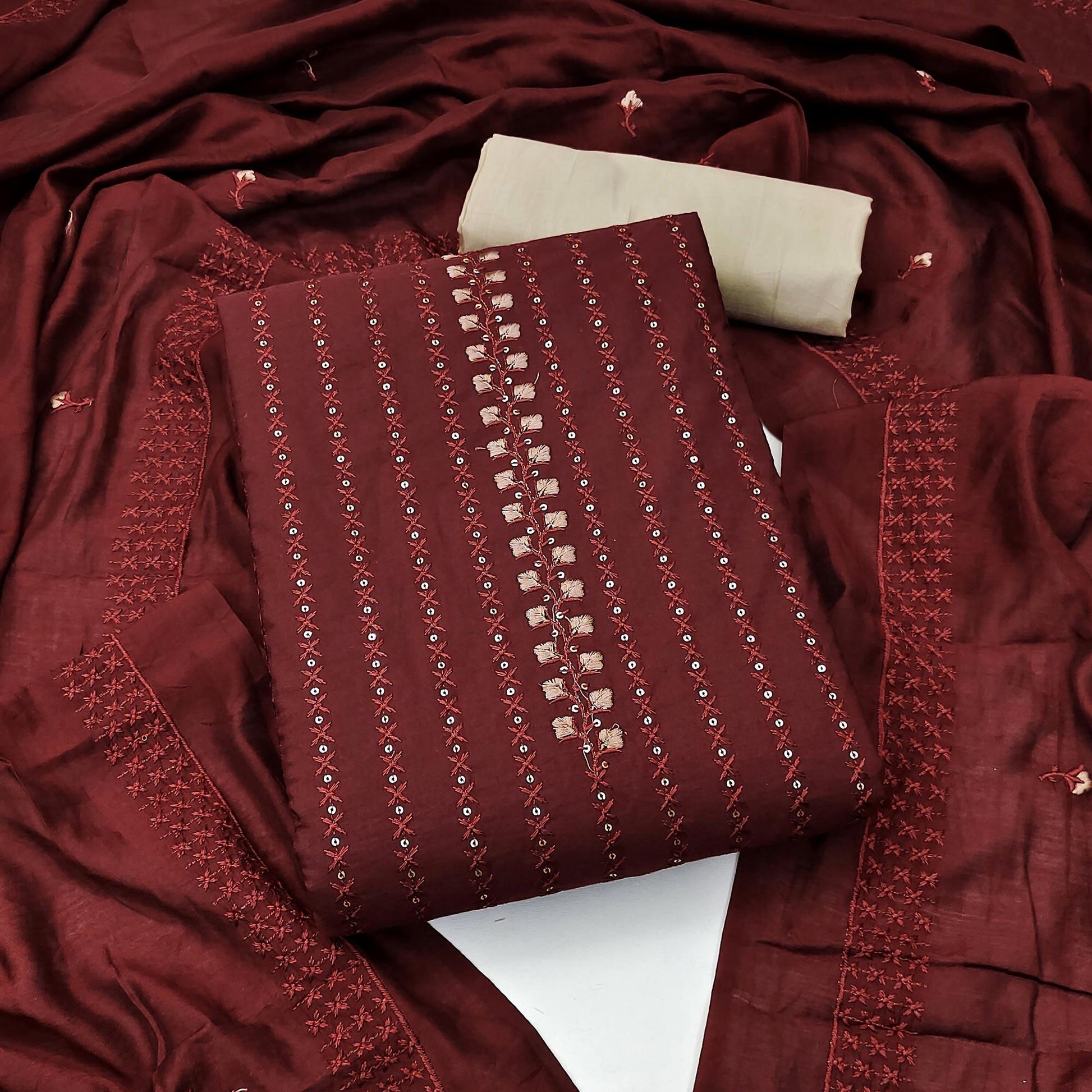 Maroon Sequins Embroidered Cotton Silk Dress Material
