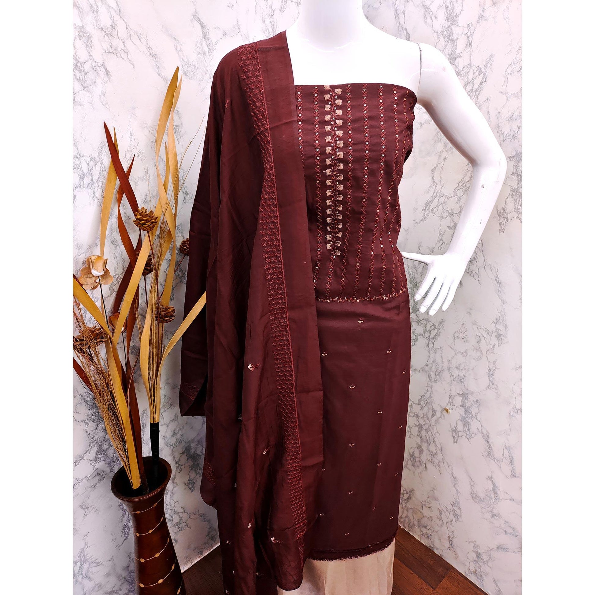Maroon Sequins Embroidered Cotton Silk Dress Material