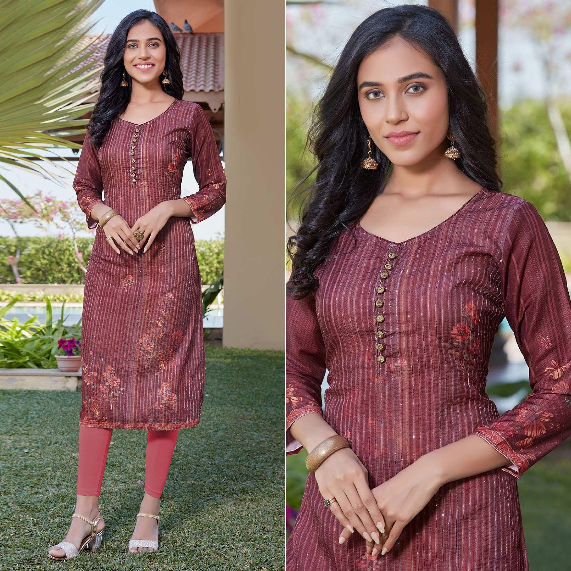 Maroon Sequins Embroidered Cotton Silk Kurti