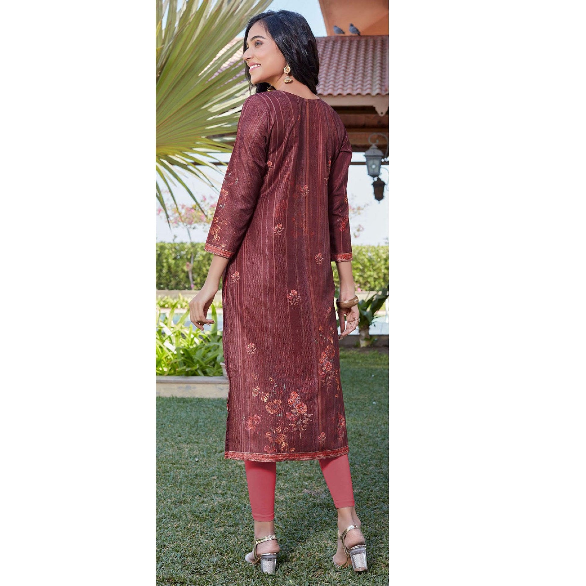 Maroon Sequins Embroidered Cotton Silk Kurti