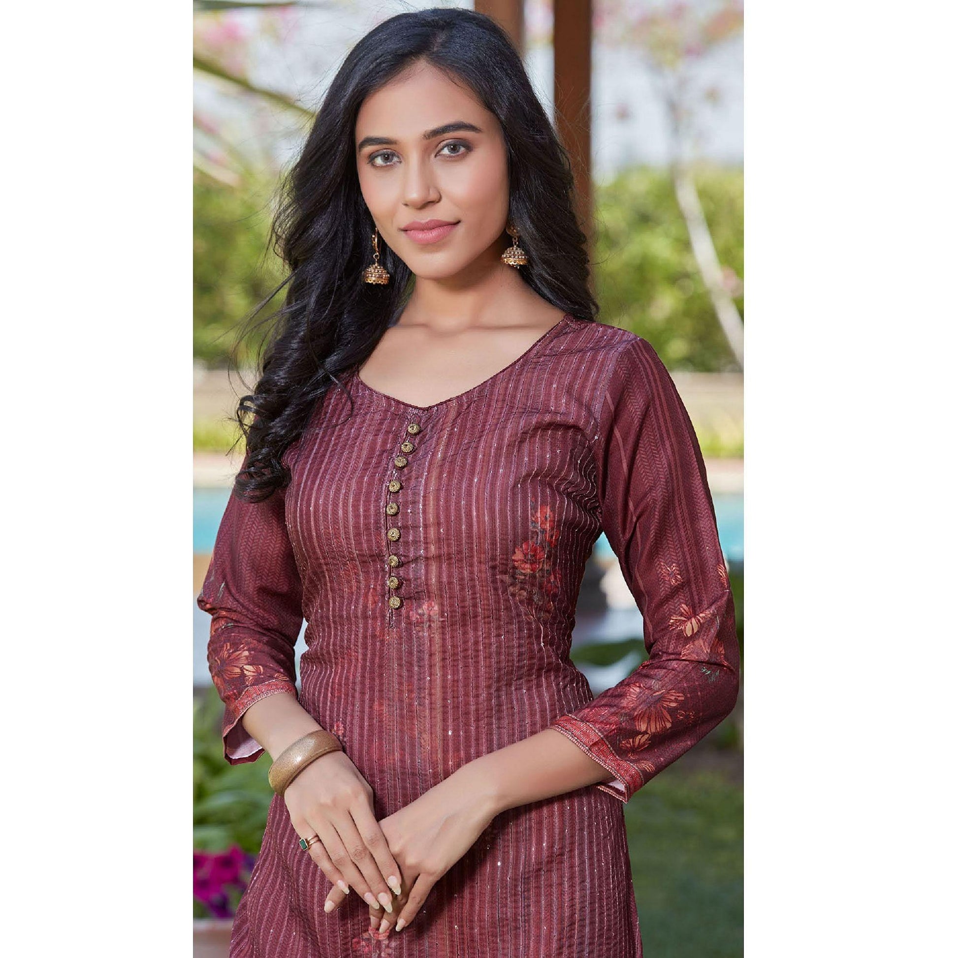 Maroon Sequins Embroidered Cotton Silk Kurti