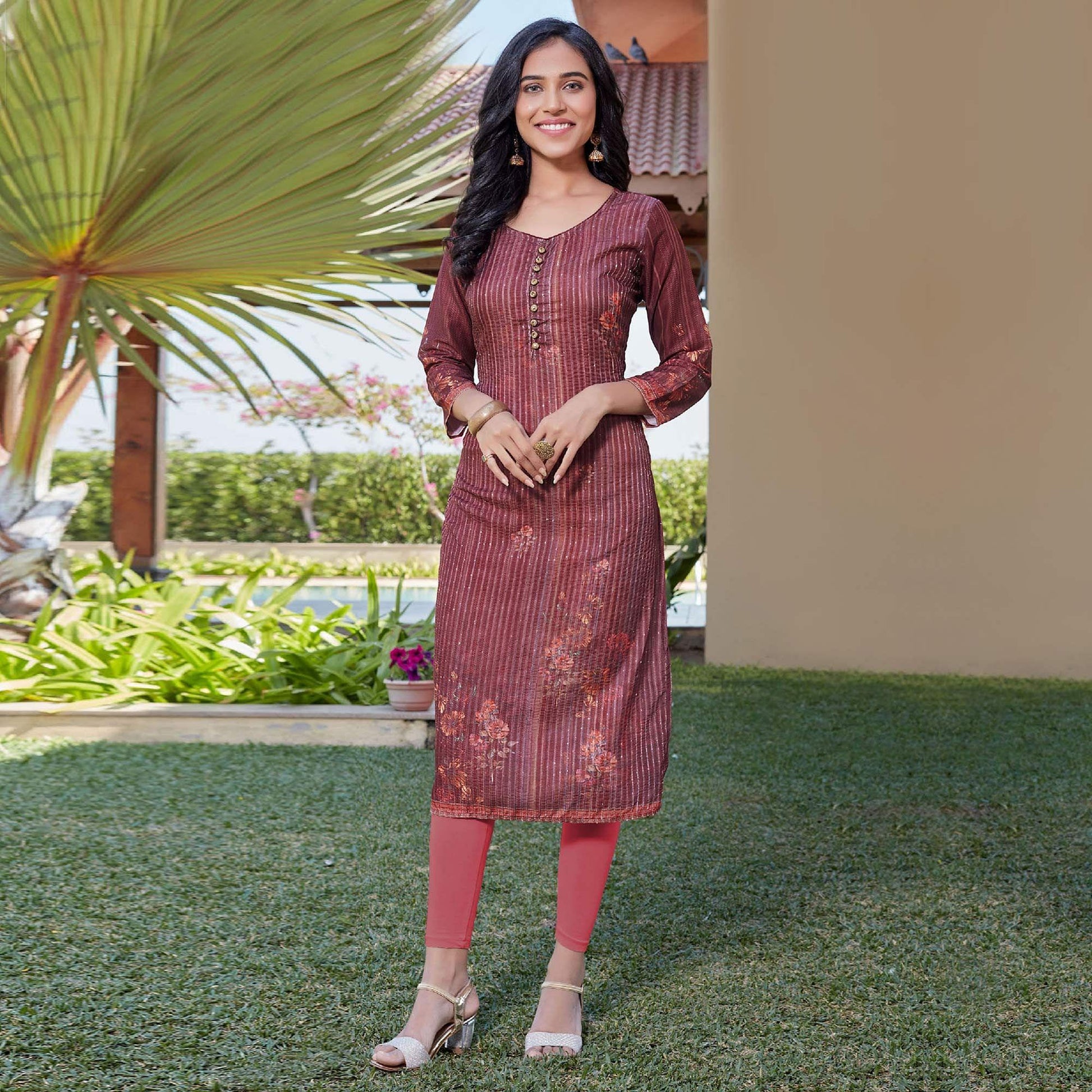 Maroon Sequins Embroidered Cotton Silk Kurti