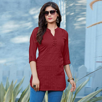 Maroon Sequins Embroidered Cotton Silk Top