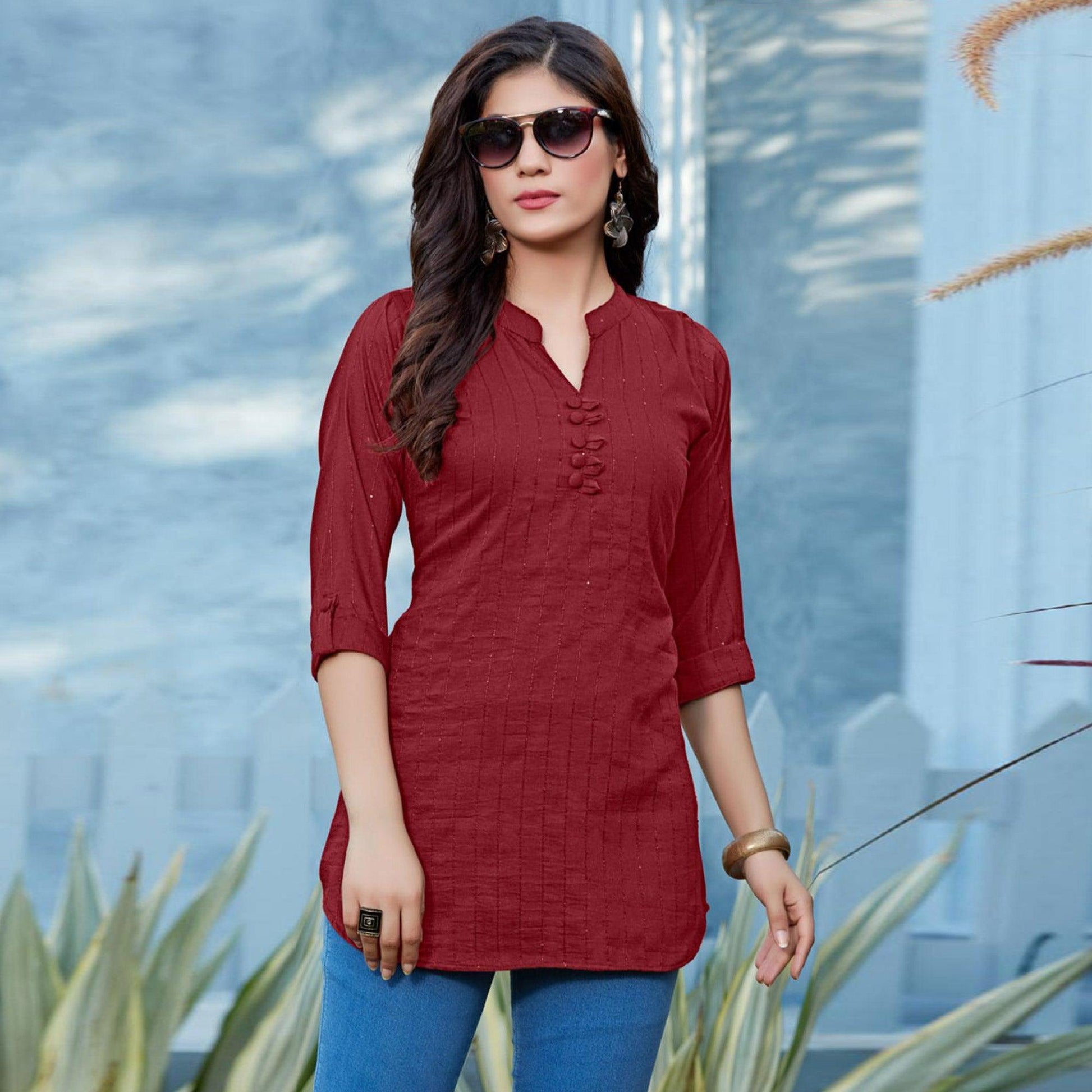 Maroon Sequins Embroidered Cotton Silk Top
