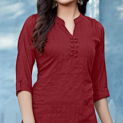 Maroon Sequins Embroidered Cotton Silk Top
