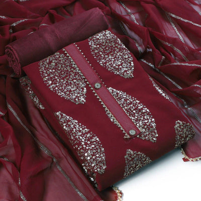 Maroon Sequins Embroidered Georgette Dress Material