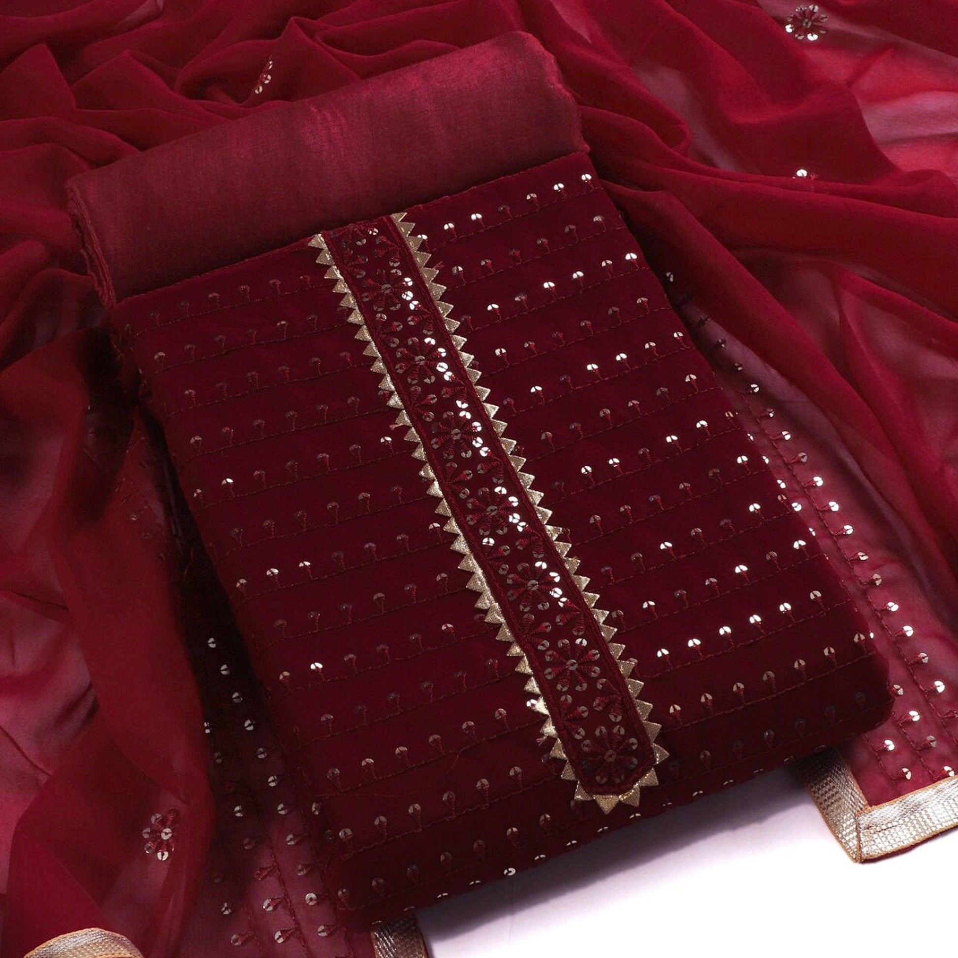 Maroon Sequins Embroidered Georgette Dress Material
