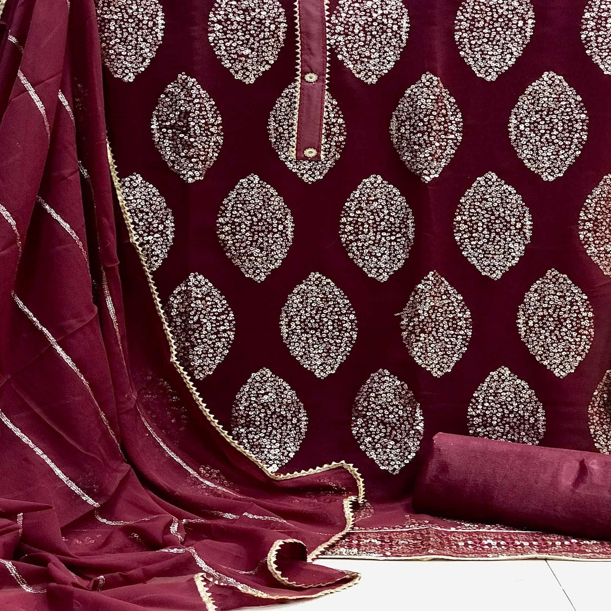 Maroon Sequins Embroidered Georgette Dress Material
