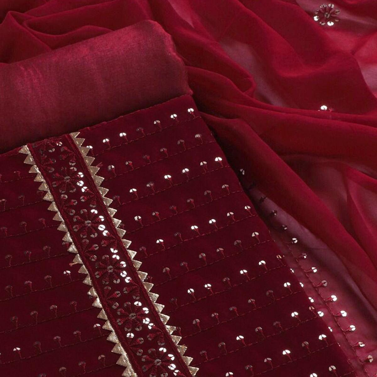 Maroon Sequins Embroidered Georgette Dress Material