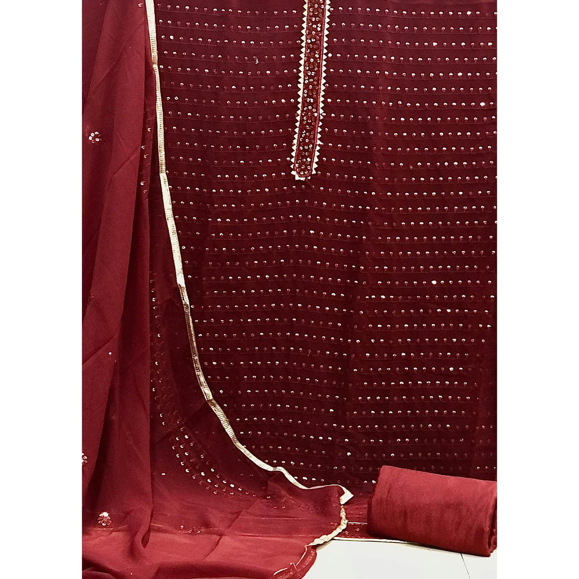 Maroon Sequins Embroidered Georgette Dress Material