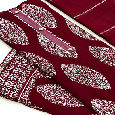 Maroon Sequins Embroidered Georgette Dress Material