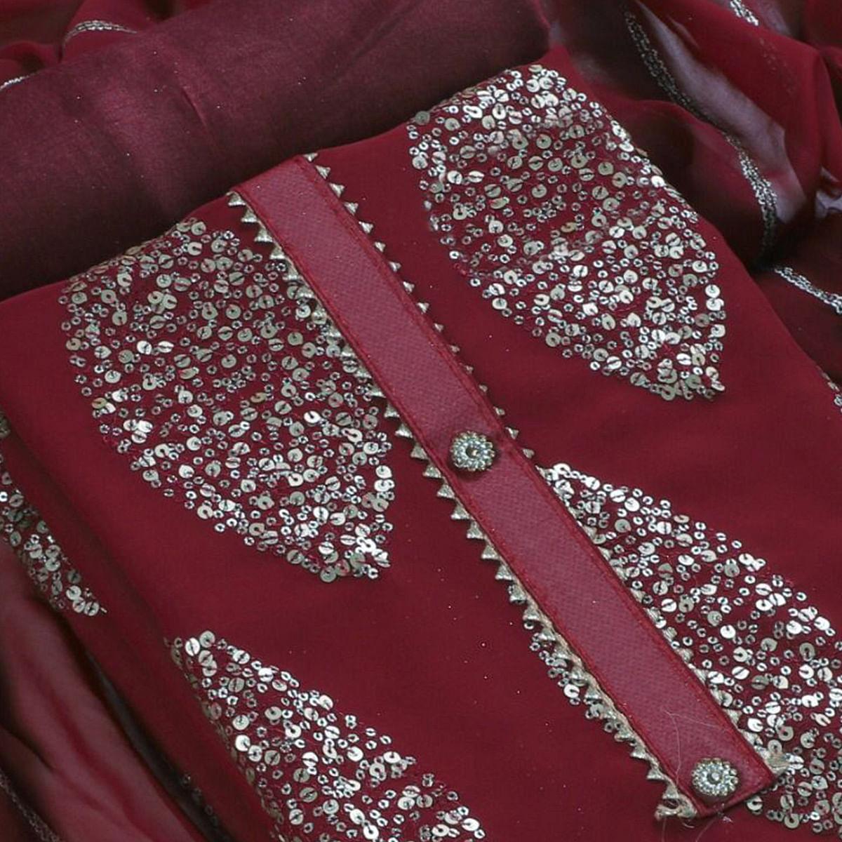 Maroon Sequins Embroidered Georgette Dress Material
