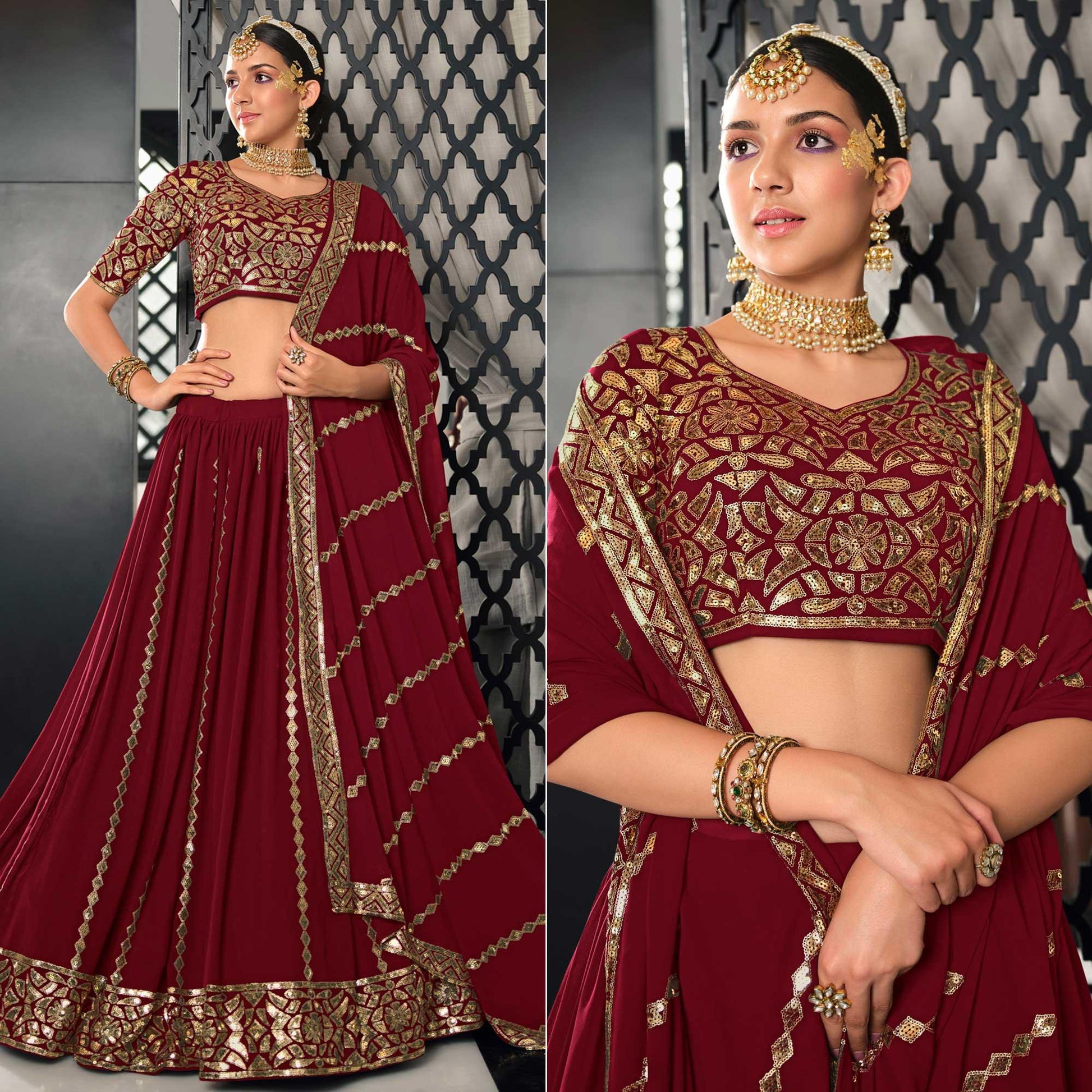 Maroon Sequins Embroidered Georgette Lehenga Choli