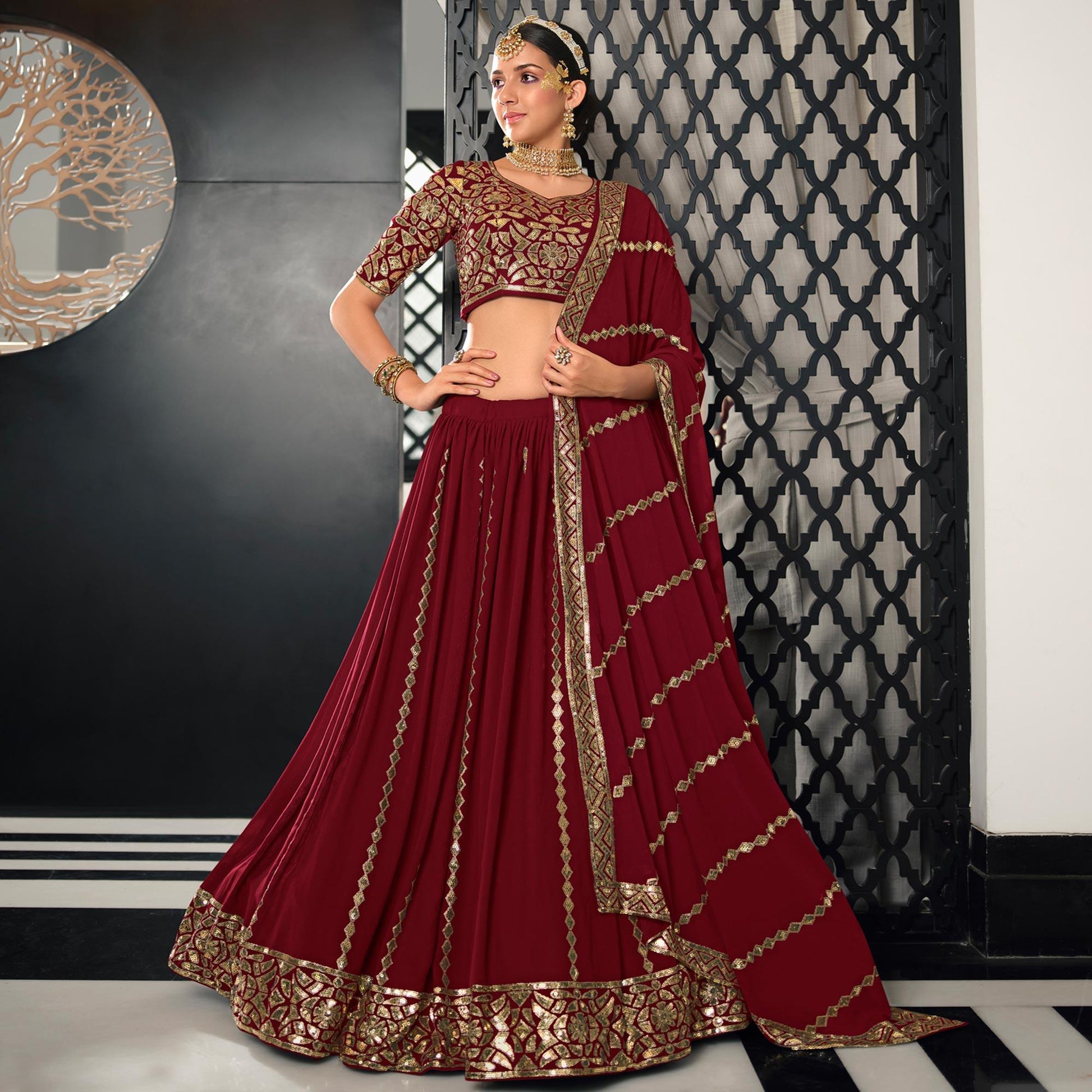 Maroon Sequins Embroidered Georgette Lehenga Choli