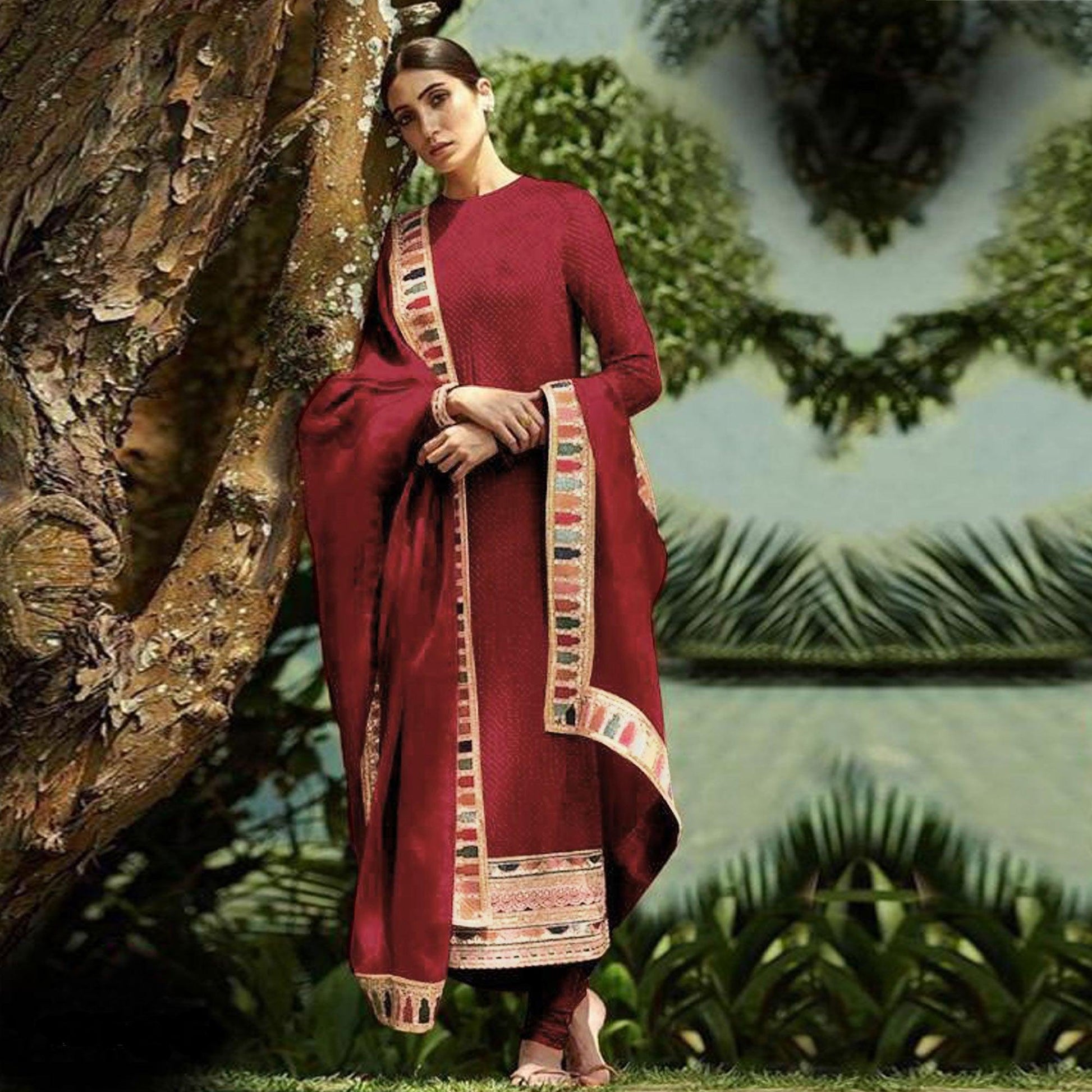Maroon Sequins Embroidered Georgette Salwar Suit