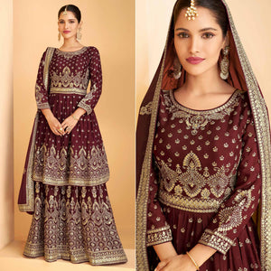 Maroon Sequins Embroidered Georgette Sharara Suit