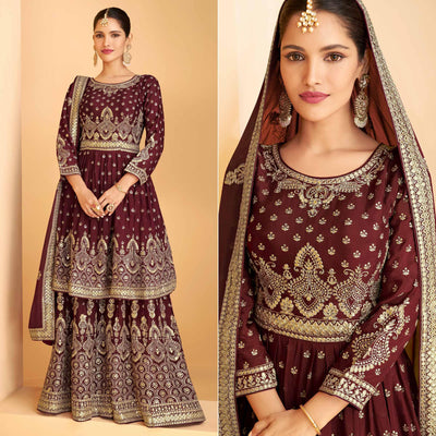 Maroon Sequins Embroidered Georgette Sharara Suit