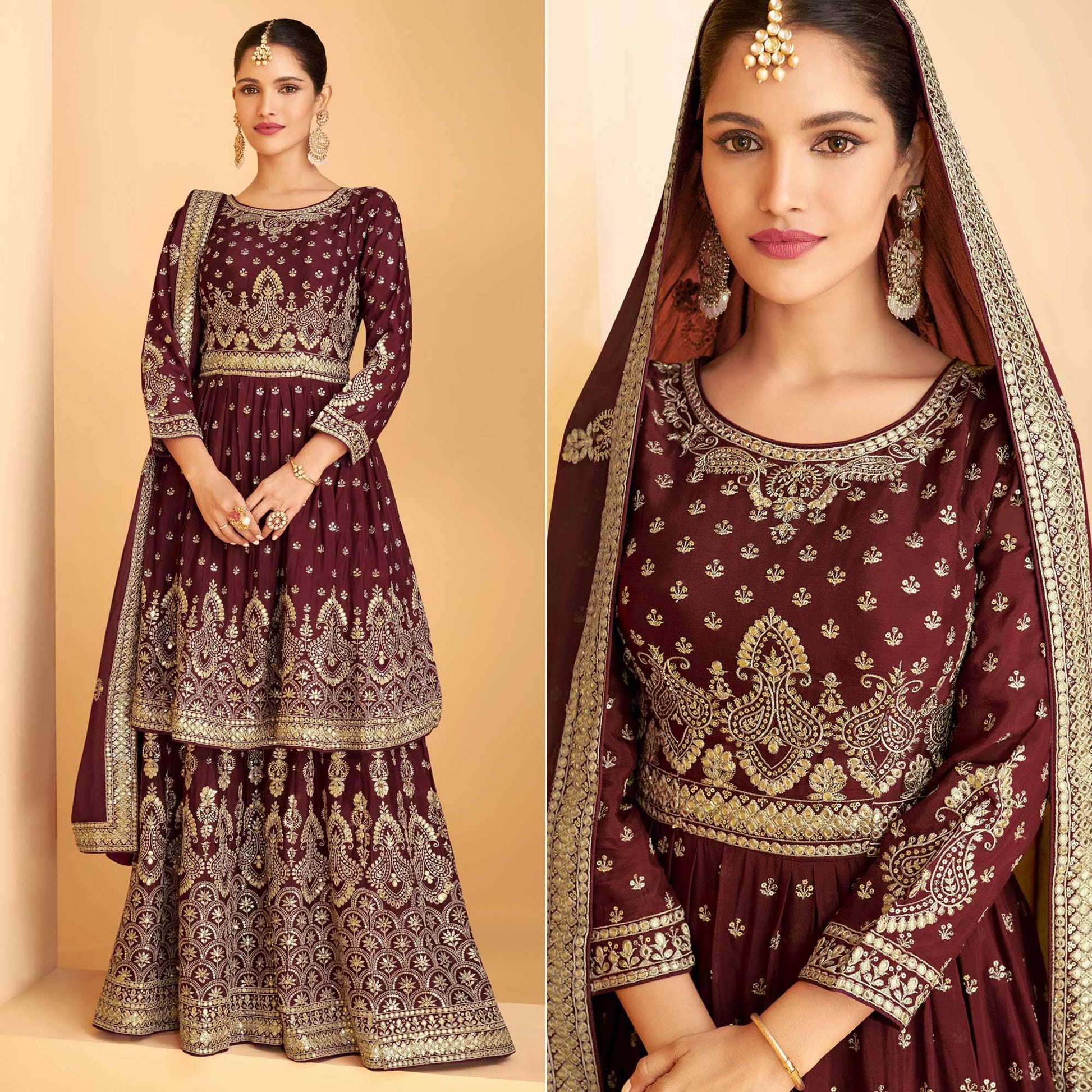 Maroon Sequins Embroidered Georgette Sharara Suit