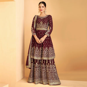 Maroon Sequins Embroidered Georgette Sharara Suit
