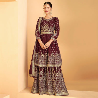 Maroon Sequins Embroidered Georgette Sharara Suit