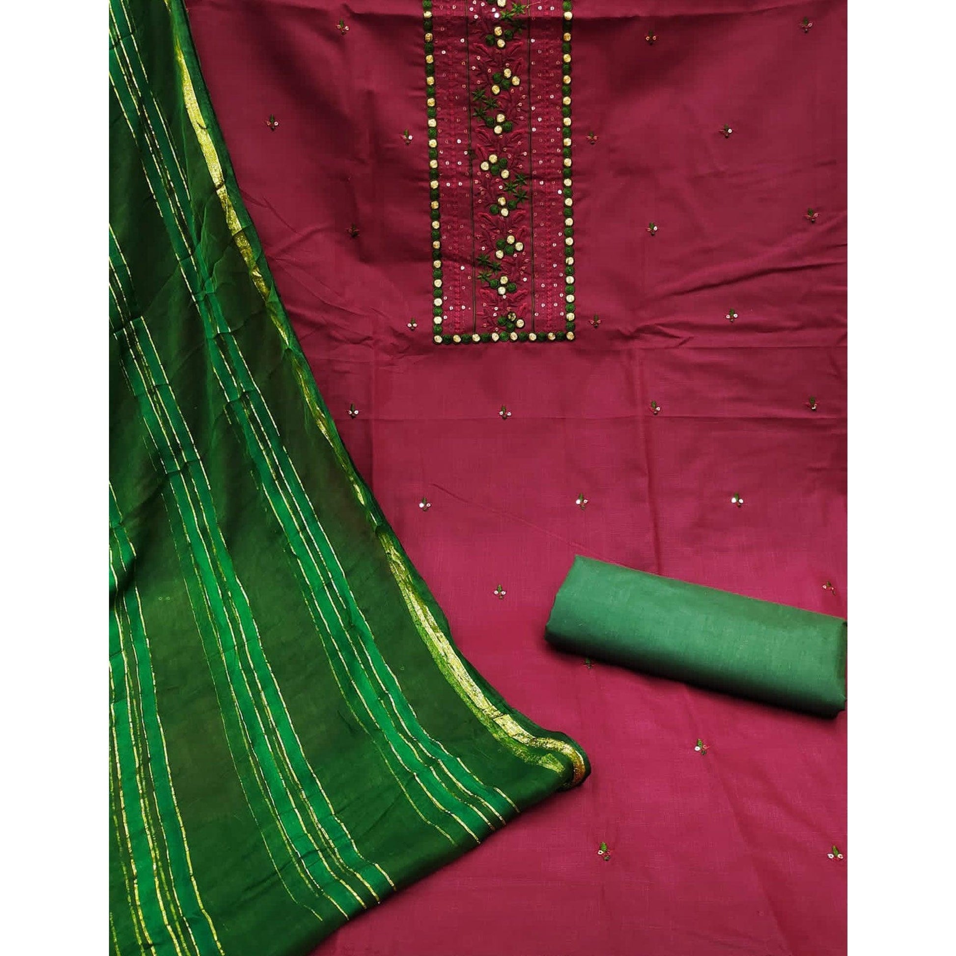 Maroon Sequins Embroidered Cotton Blend Dress Material