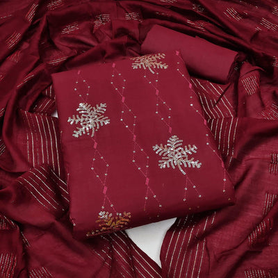 Maroon Sequins Embroidered Pure Cotton Dress Material
