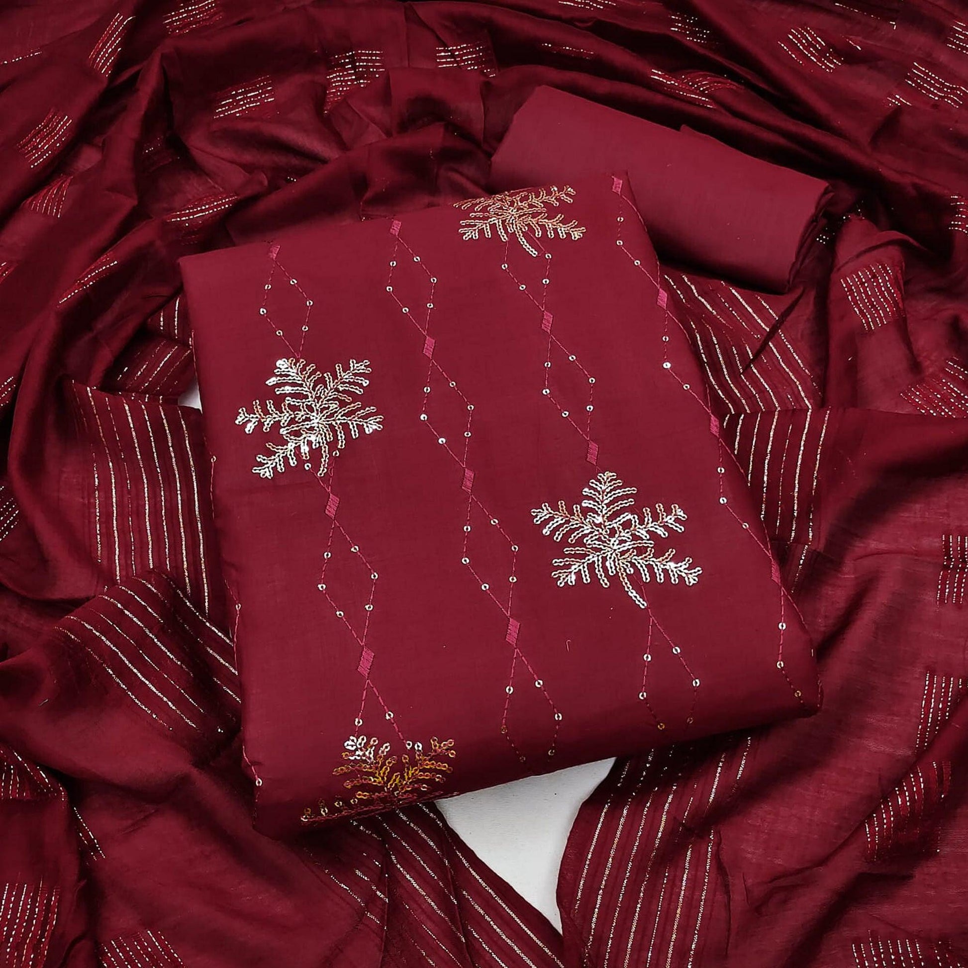 Maroon Sequins Embroidered Pure Cotton Dress Material