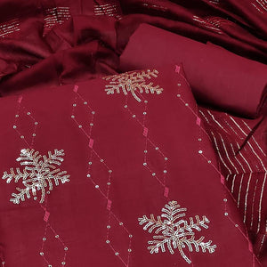 Maroon Sequins Embroidered Pure Cotton Dress Material