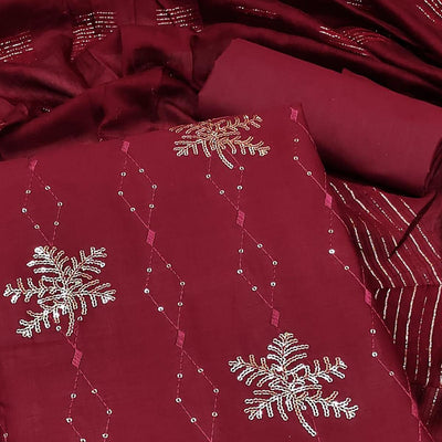 Maroon Sequins Embroidered Pure Cotton Dress Material