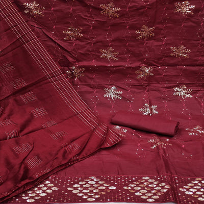 Maroon Sequins Embroidered Pure Cotton Dress Material