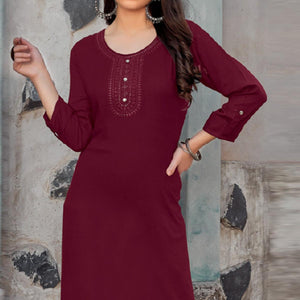Maroon Sequins Embroidered Pure Cotton Kurti