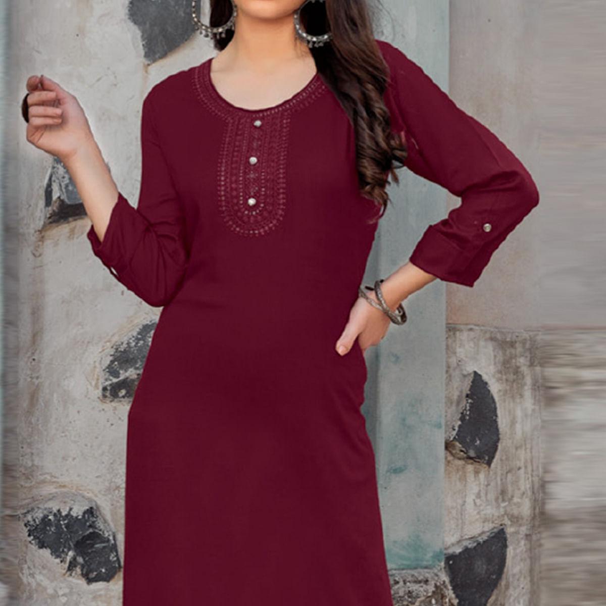 Maroon Sequins Embroidered Pure Cotton Kurti