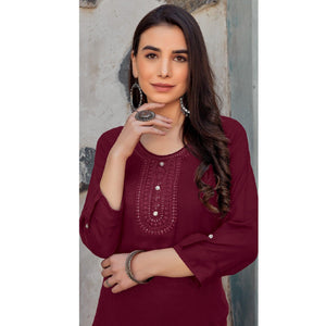 Maroon Sequins Embroidered Pure Cotton Kurti