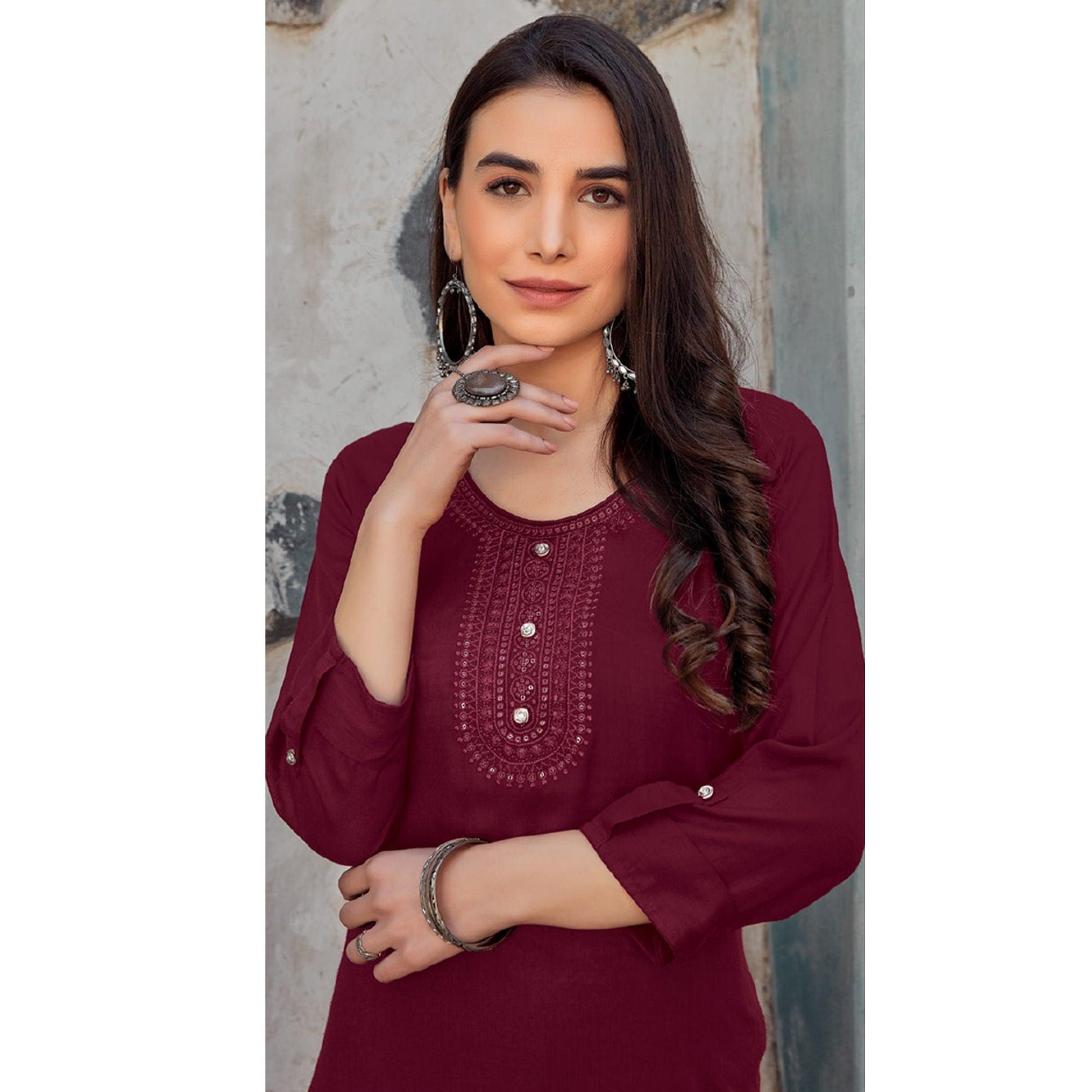 Maroon Sequins Embroidered Pure Cotton Kurti