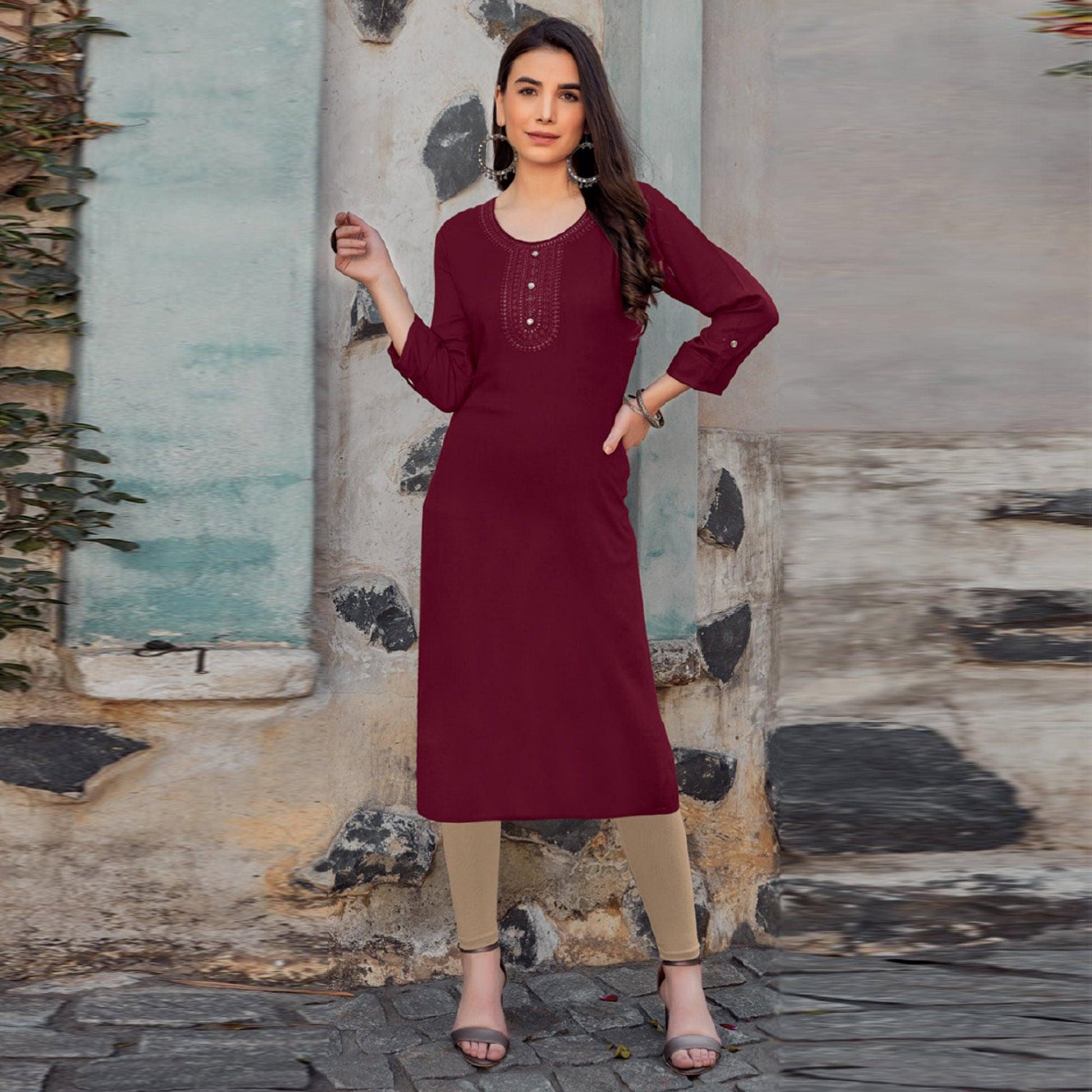 Maroon Sequins Embroidered Pure Cotton Kurti