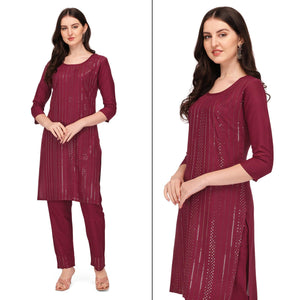 Maroon Sequins Embroidered Rayon Kurti Pant Set