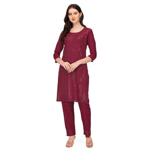 Maroon Sequins Embroidered Rayon Kurti Pant Set