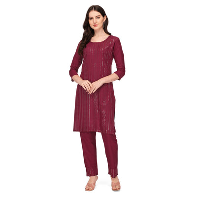 Maroon Sequins Embroidered Rayon Kurti Pant Set