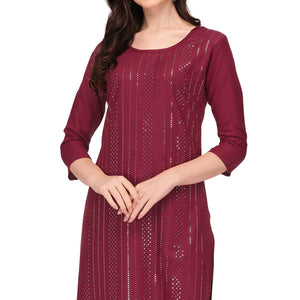 Maroon Sequins Embroidered Rayon Kurti Pant Set