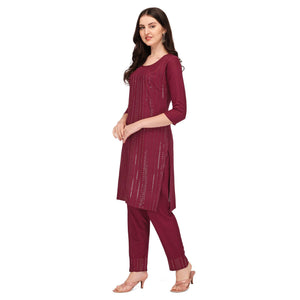 Maroon Sequins Embroidered Rayon Kurti Pant Set