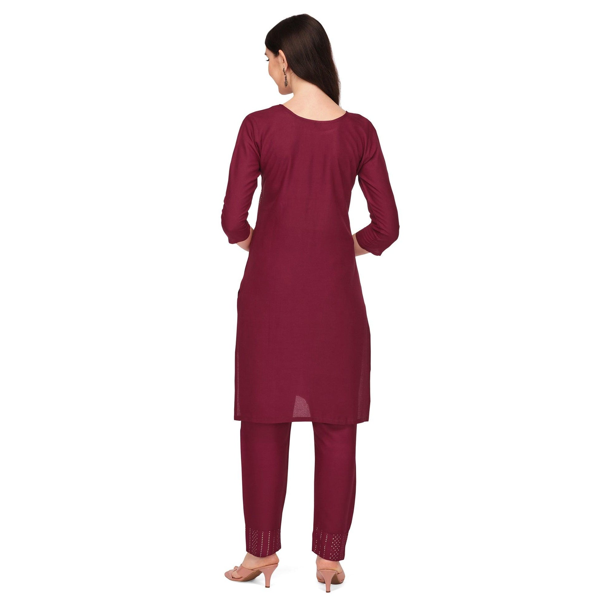 Maroon Sequins Embroidered Rayon Kurti Pant Set