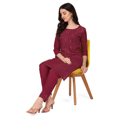 Maroon Sequins Embroidered Rayon Kurti Pant Set