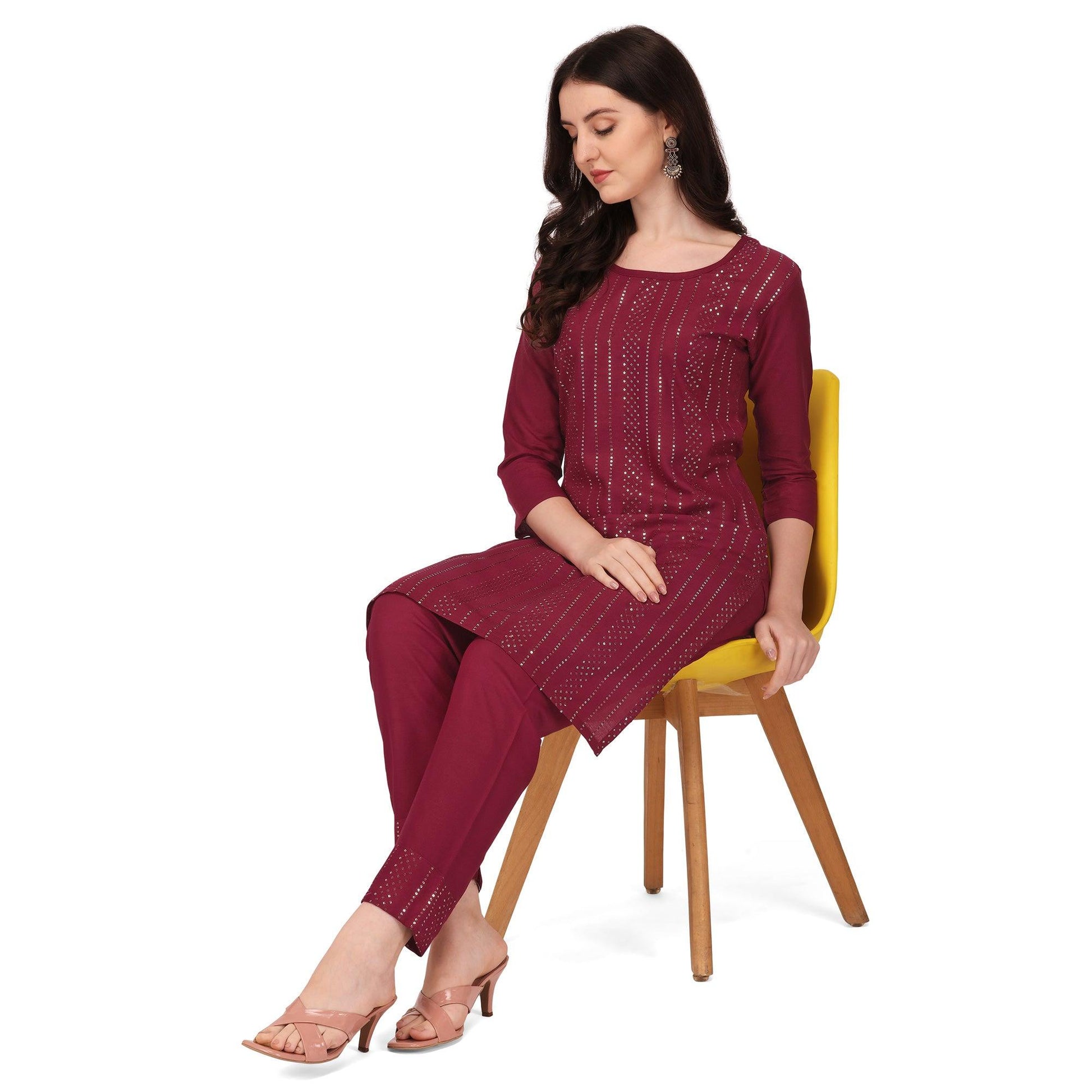 Maroon Sequins Embroidered Rayon Kurti Pant Set