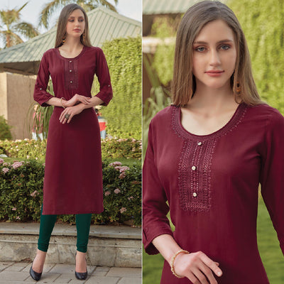 Maroon Sequins Embroidered Rayon Kurti