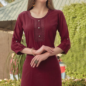 Maroon Sequins Embroidered Rayon Kurti