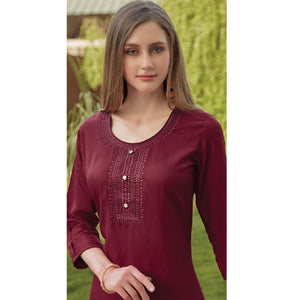 Maroon Sequins Embroidered Rayon Kurti