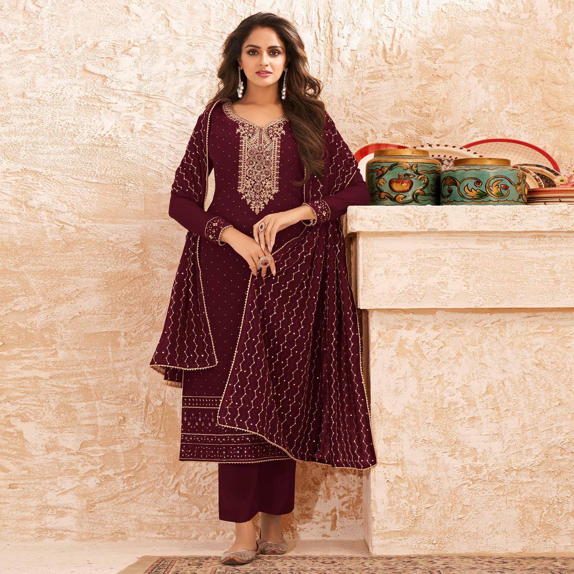 Maroon Sequins Embroidered Real Georgette Partywear Suit