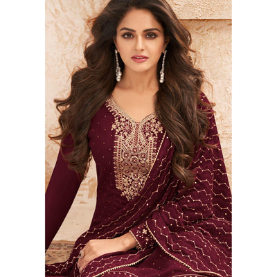 Maroon Sequins Embroidered Real Georgette Partywear Suit