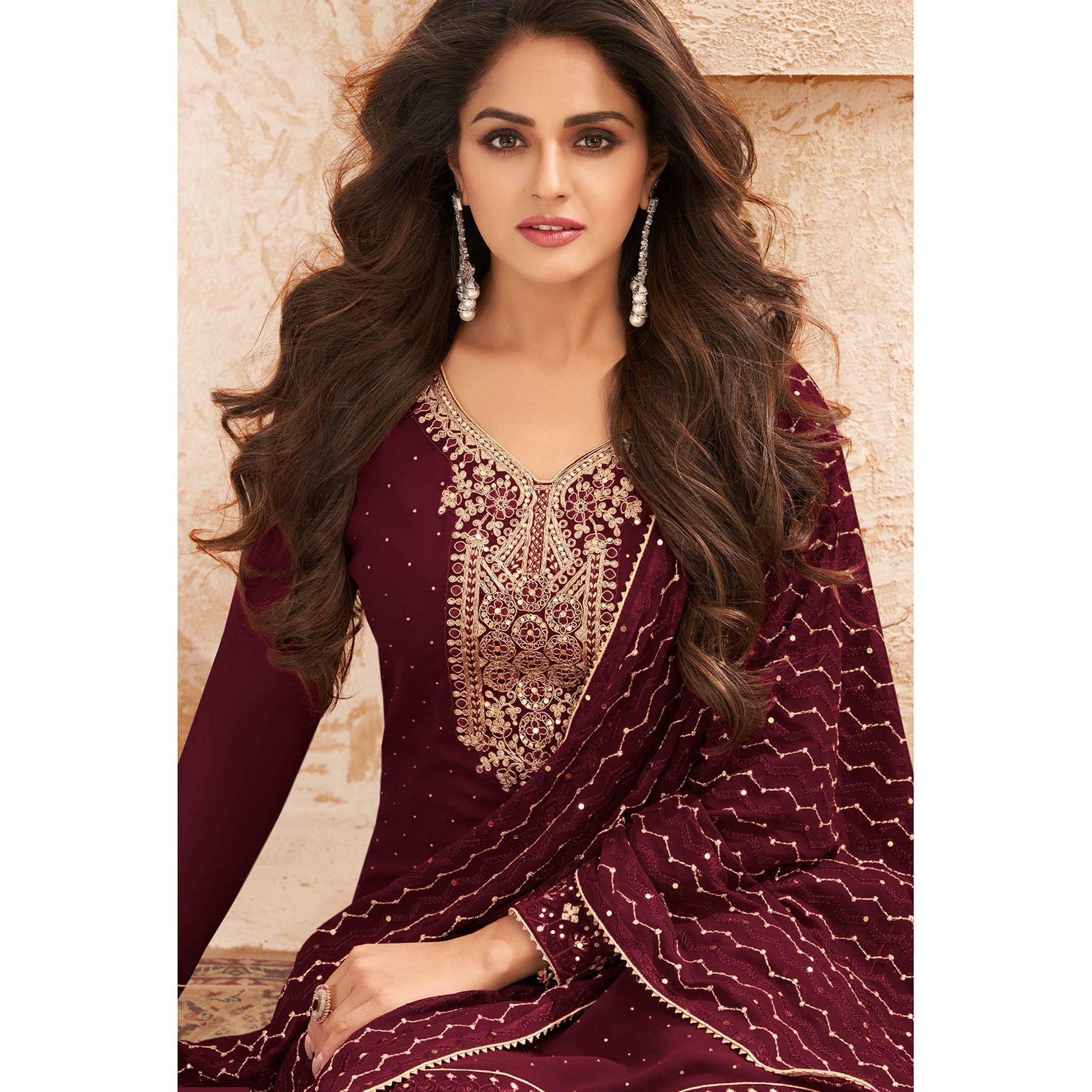 Maroon Sequins Embroidered Real Georgette Partywear Suit